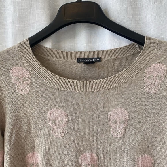 Chelsea + Theodore Skull Sweater Tan And Pink Cotton Modal - Picture 2 of 10
